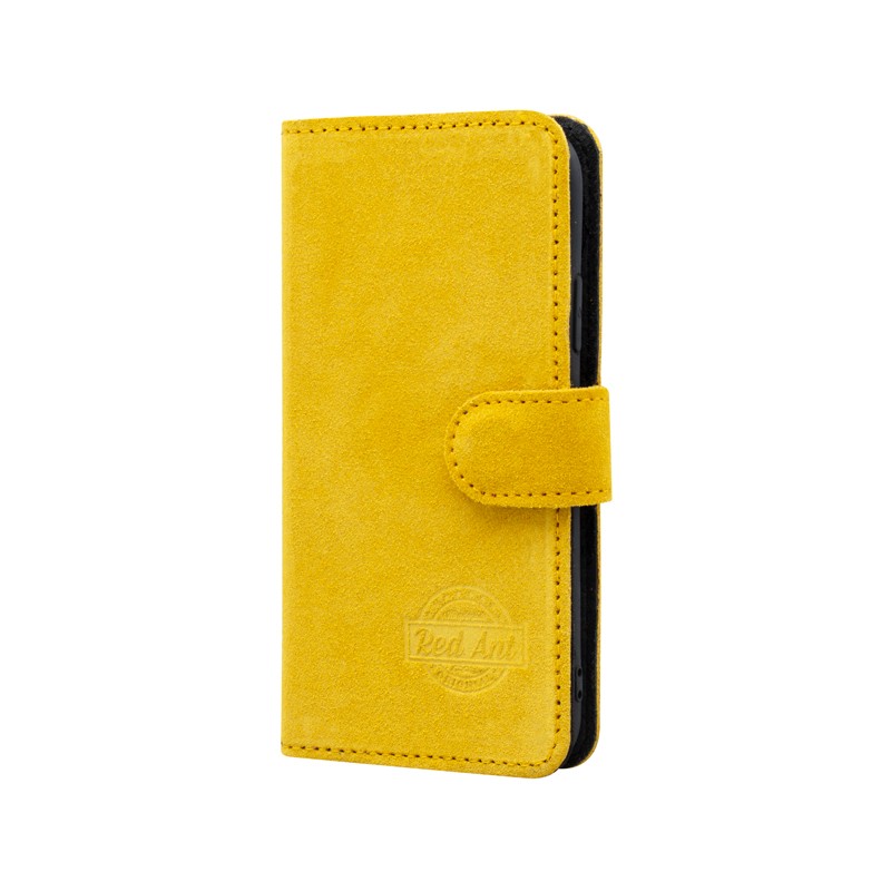 Knižkové puzdro na telefón z brúsenej kože žlté iPhone 12 Mini